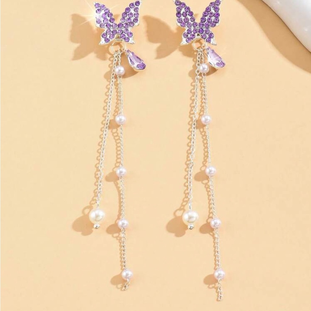 Purple Butterfly Earrings with Silver Chains